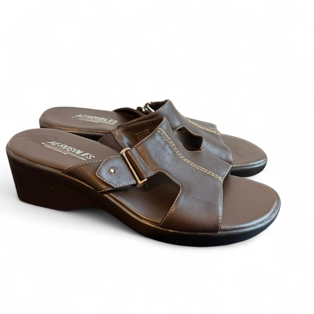 AEROSOLES Women's T-Strap Brown Leather Slide Sandals - Size 9